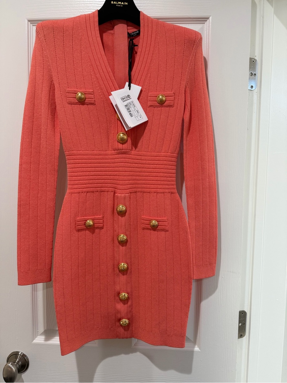 Balmain Coral Ribbed Button-Front Mini Dress with Gold Buttons